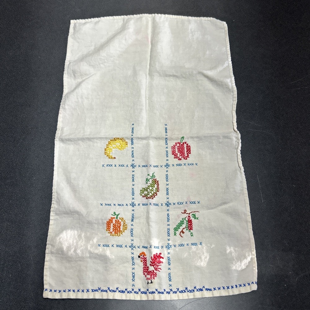 Hand Sewn Cross Stitch Kitchen Towel Vintage Fruits Rooster Vegetables